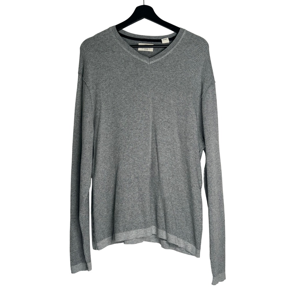 Weatherproof Vintage Mens Gray Waffle Knit V-Neck Cotton Thermal Sweater Large